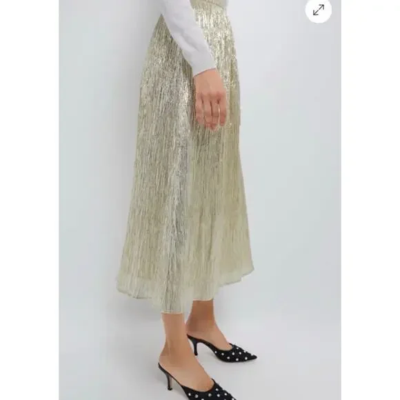 TUCKERNUCK Hyacinth House Gold Metallic Plisse Gloria Midi Skirt  NWT Size Large - Picture 5 of 10